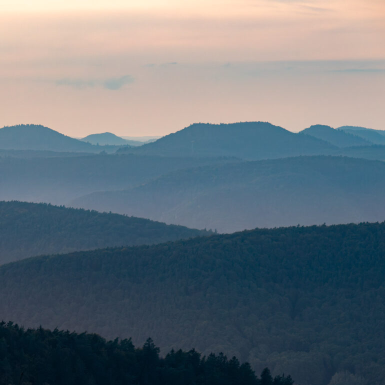 Blick in die Berge der Pfalz bei Dämmerung